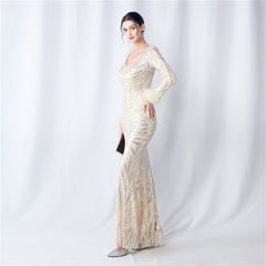 V-Neck Ostrich Feather Sequin Maxi Dress