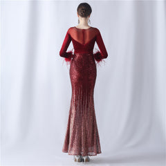 Feathered Rhinestone Maxi Dress