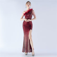 One-Shoulder Ombre Sequin Feather Dress