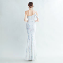One-Shoulder Ostrich Feather Beaded Maxi Dress