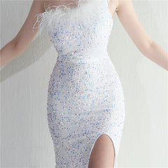 Ostrich Feather One-Shoulder Sequined Maxi Dress