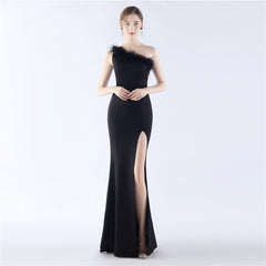 Ostrich Feather One-Shoulder Maxi Dress