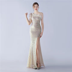 Sequined One-Shoulder Ostrich-Feather Maxi Dress