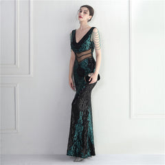 Sequined Beaded Fishtail Maxi Dress