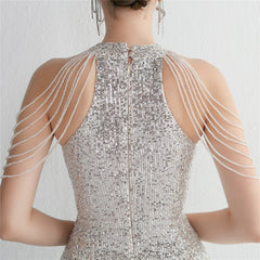 Sequined Halter Fishtail Maxi Dress