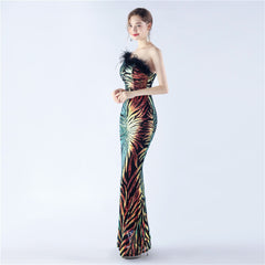 One-Shoulder Sequined Ostrich Feather Dress