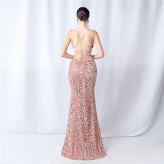 Feathered Sequin Backless Maxi Dress