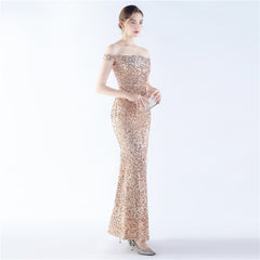 Off-Shoulder Sequin Split Maxi Dress