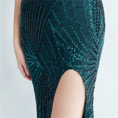 One-Shoulder Sequin Feather Maxi Dress