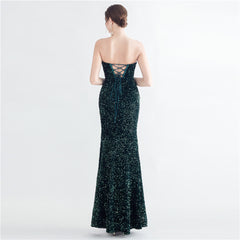 Sequin Boned Strapless Split Maxi Dress