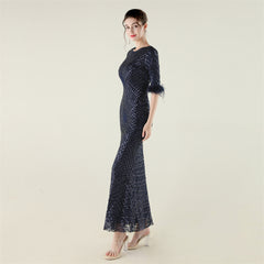 Sequined Feather Fishtail Maxi Dress