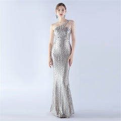 Sequin Beaded One-Shoulder Maxi Dress