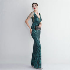 Sequined V-Neck Slim Maxi Dress