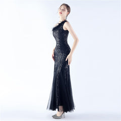 Ostrich Feather Sequined One-Shoulder Maxi Dress
