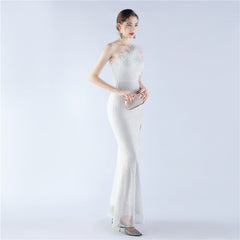 One-Shoulder Ombre Sequin Feather Dress