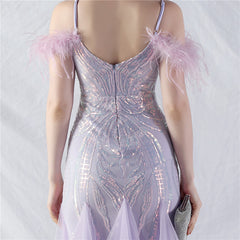 Feathered Sequin Maxi Dress