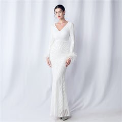 V-Neck Ostrich Feather Sequin Maxi Dress