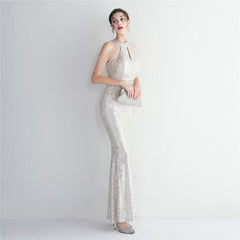 Sequined Halter Fishtail Maxi Dress