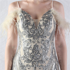 Feathered Sequin Maxi Dress