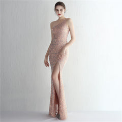 One-Shoulder Sequined Fishtail Split Maxi Dress