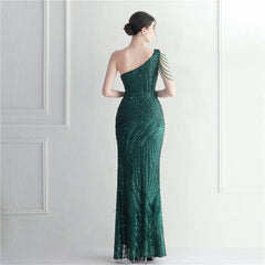 One-Shoulder Sequined Split Maxi Dress