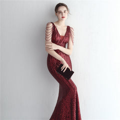 Sequined V-Neck Fishtail Maxi Dress