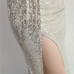 Sequin One-Shoulder Fishtail Maxi Dress