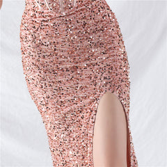 Strapless Feathered Sequin Maxi Dress
