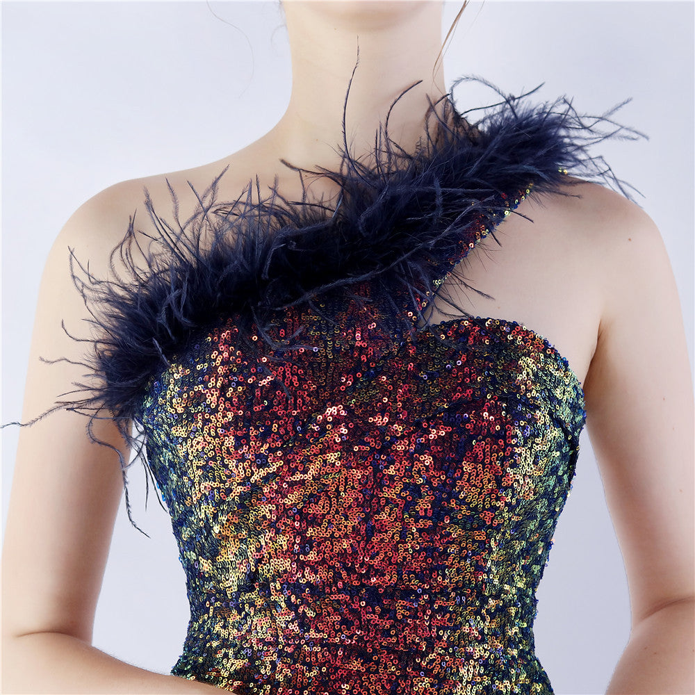 Asymmetric One-Shoulder Sequined Maxi Dress