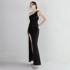 Sequin One-Shoulder Fishtail Maxi Dress
