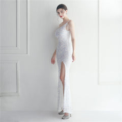One-Shoulder Sequined Split Maxi Dress
