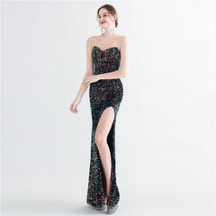 Sequin Boned Strapless Split Maxi Dress