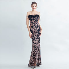 Ostrich Feather Strapless Maxi Dress