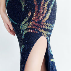 One-Shoulder Ostrich Feather Beaded Maxi Dress