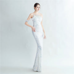 One-Shoulder Ostrich Feather Beaded Maxi Dress