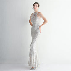 Sequined Halter Fishtail Maxi Dress