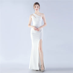 Beaded One-Shoulder Diagonal Collar Maxi Dress