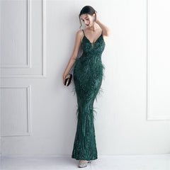 Elegant Sequin Beaded Fishtail Maxi Dress