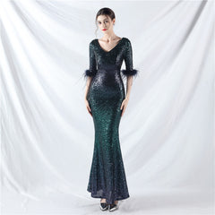 Ostrich Feather Gradient Sequin Maxi Dress