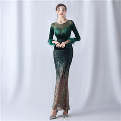 Feathered Rhinestone Maxi Dress