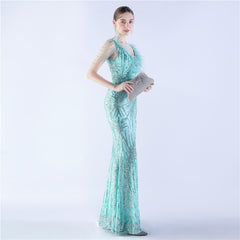 Ostrich Feather Beaded Maxi Dress