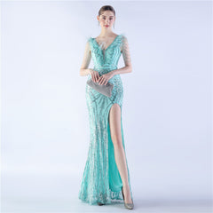 Ostrich Feather Beaded Maxi Dress