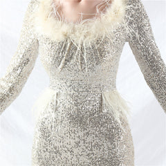 Ostrich Feather Sequin Split Maxi Dress