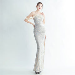 One-Shoulder Ostrich Feather Beaded Maxi Dress