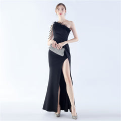 One-Shoulder Feather Maxi Dress