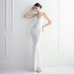 V-Neck Sequined Beaded Maxi Dress