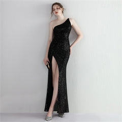 Sequin One-Shoulder Fishtail Maxi Dress