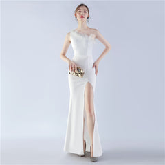 Ostrich Feather One-Shoulder Maxi Dress