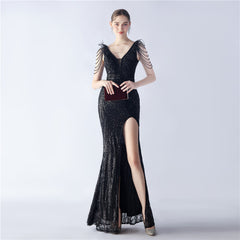 Ostrich Feather Beaded Maxi Dress
