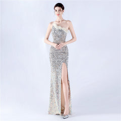 One-Shoulder Sequin Feather Maxi Dress